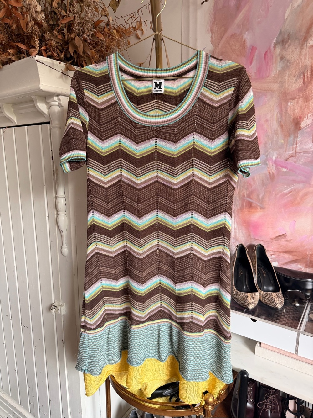 Missoni Brown Chevron Knit Dress with Mint and Yellow Accents